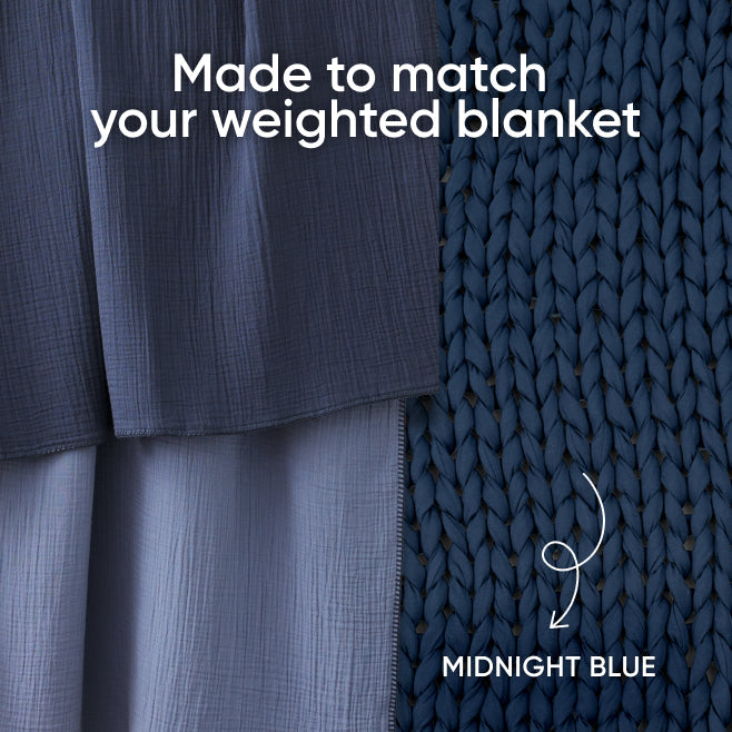 A close-up of a muslin blanket in a midnight blue color with the text made to match your weighted blanket