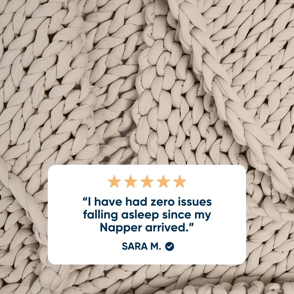 Driftwood colored AURTRS ocean blanket with a five-star rating card and customer review.