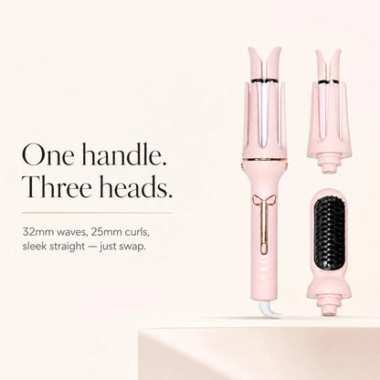 One handle, three heads: 32mm waves, 25mm curls and sleek straight