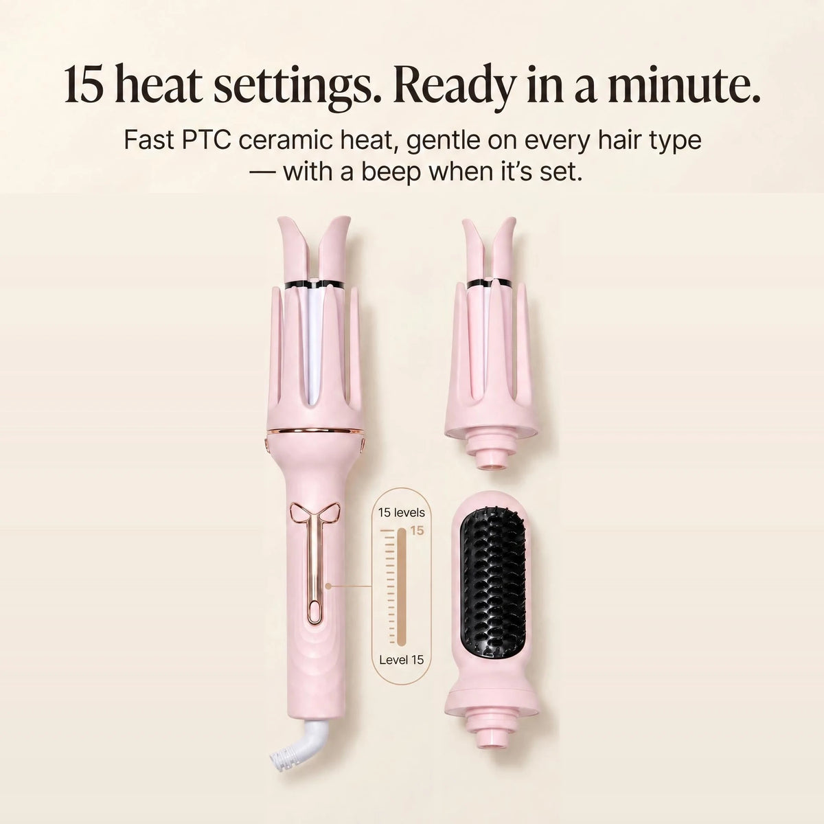 15-level PTC ceramic heat, ready to style in about a minute
