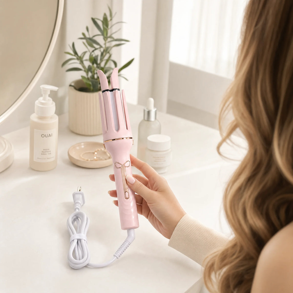 Styling hair at a bright minimal vanity with the AURTRS auto curler