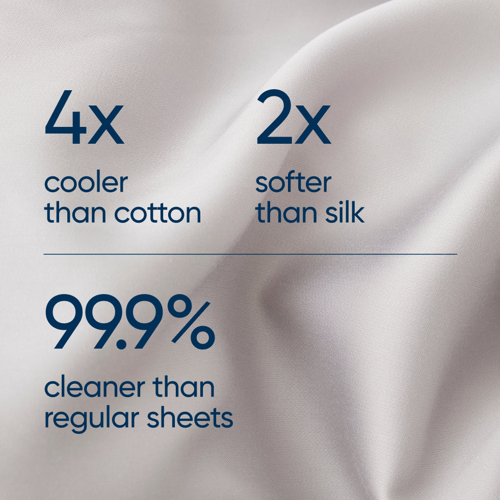 Moonstone grey AURTRS bamboo pillowcase which is '4x cooler than cotton', '2x softer than silk', and '99.9% cleaner than regular sheets'.