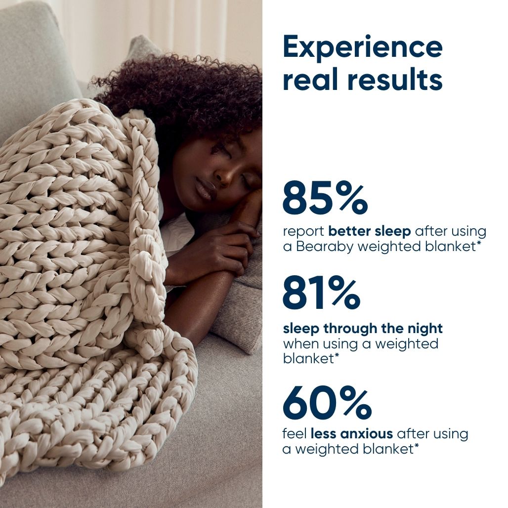 Woman wrapped in a AURTRS driftwood ocean weighted blanket with statistics about its benefits on the right